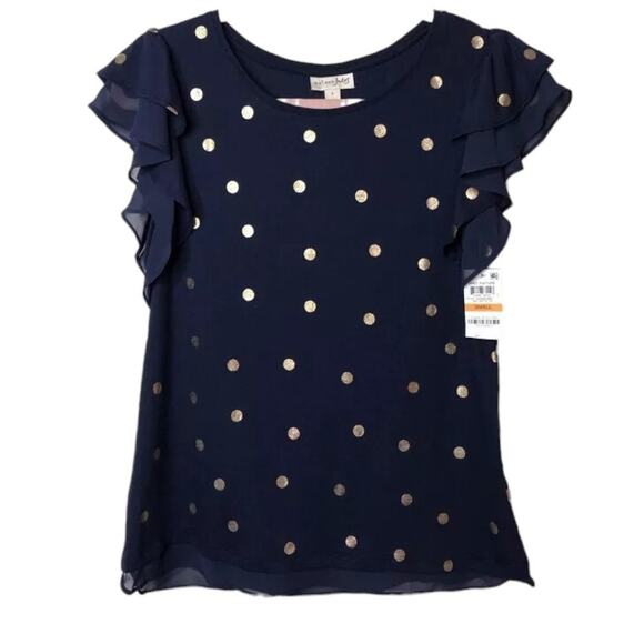 Maison Jules Flutter Polka Dot Blouse Blue Gold Dot Size XS NWT - Picture 2 of 5